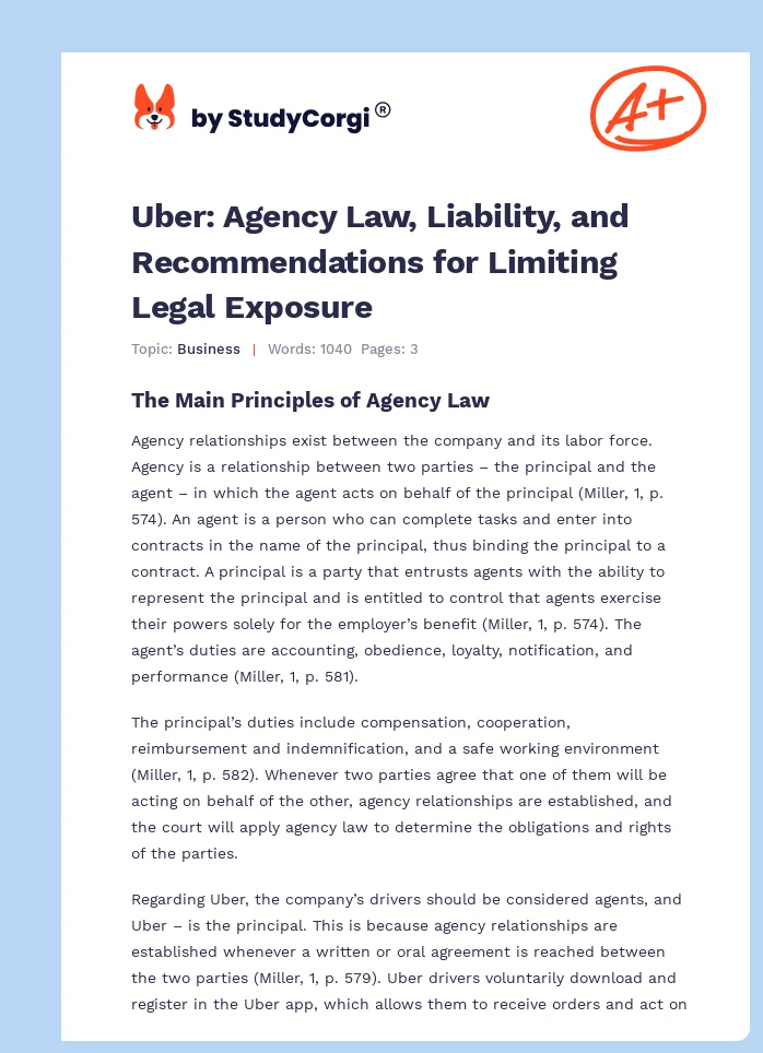 Uber: Agency Law, Liability, and Recommendations for Limiting Legal Exposure. Page 1