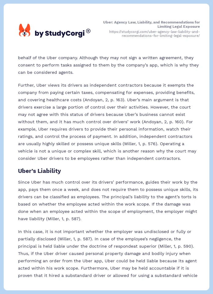 Uber: Agency Law, Liability, and Recommendations for Limiting Legal Exposure. Page 2