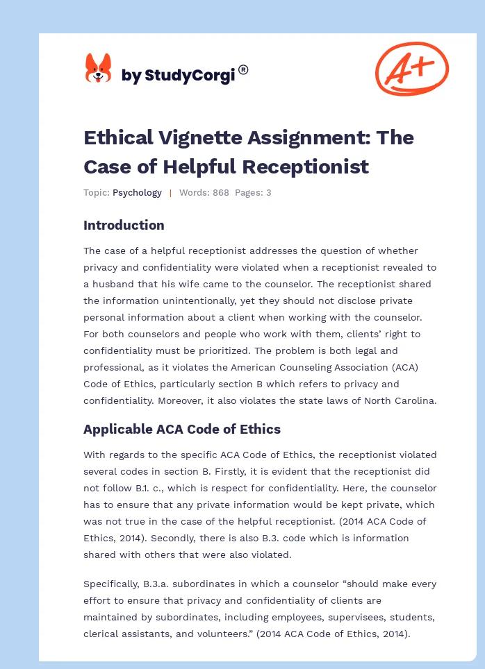 Ethical Vignette Assignment: The Case of Helpful Receptionist. Page 1