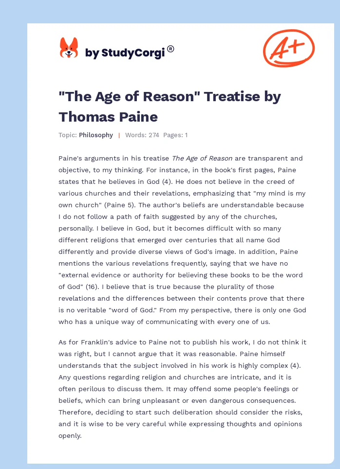 "The Age of Reason" Treatise by Thomas Paine. Page 1