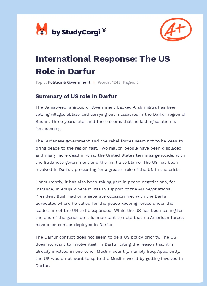 International Response: The US Role in Darfur. Page 1