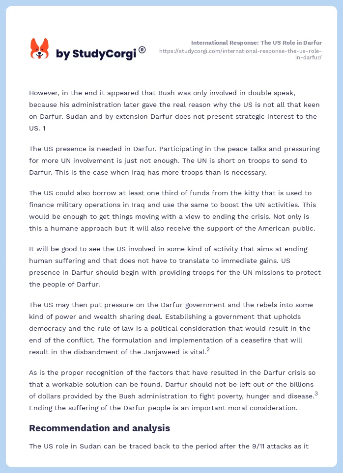 International Response: The US Role in Darfur. Page 2
