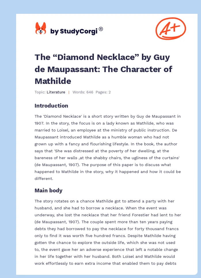 The “Diamond Necklace” by Guy de Maupassant: The Character of Mathilde. Page 1