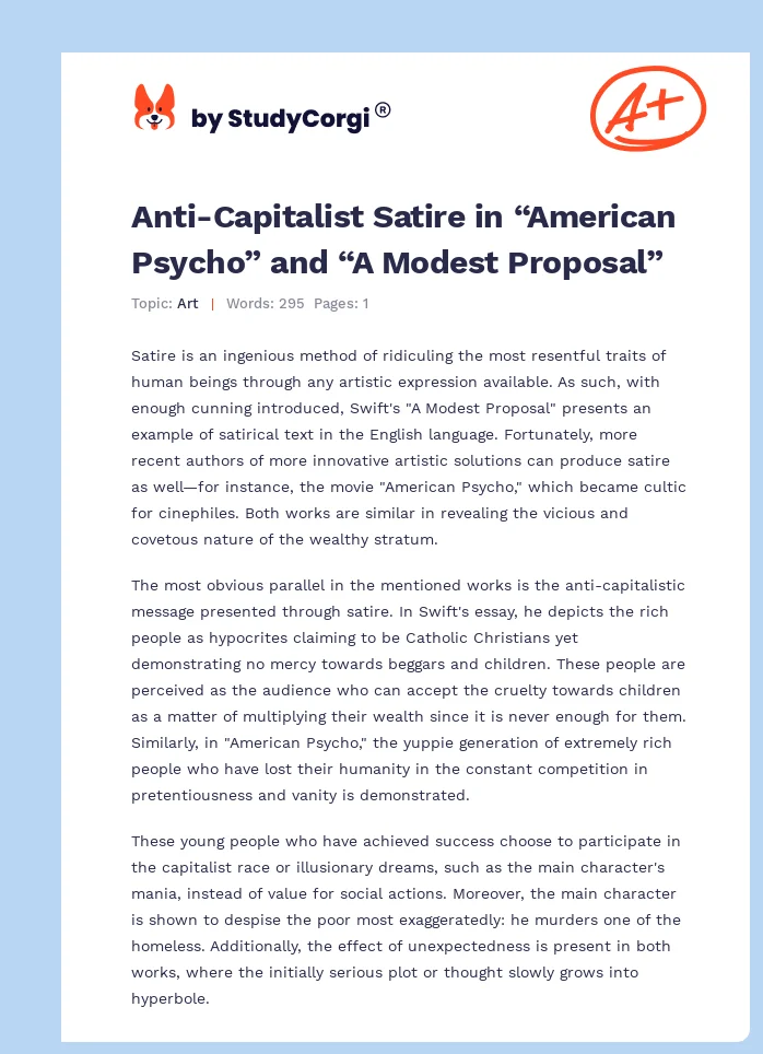 Anti-Capitalist Satire in “American Psycho” and “A Modest Proposal”. Page 1