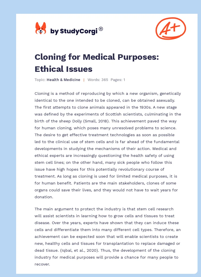 Cloning for Medical Purposes: Ethical Issues. Page 1