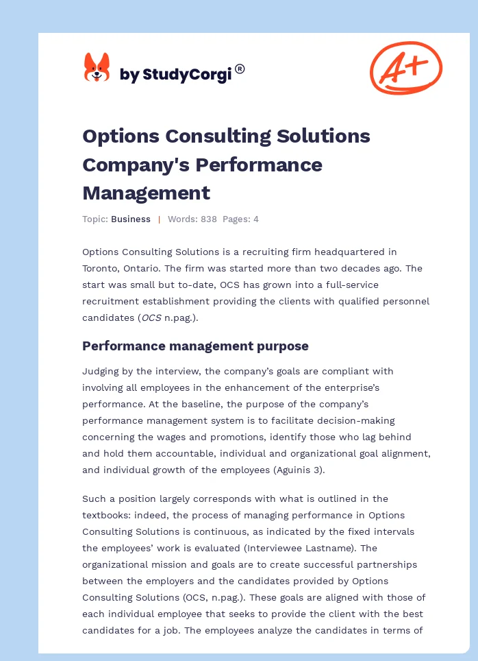 Options Consulting Solutions Company's Performance Management. Page 1