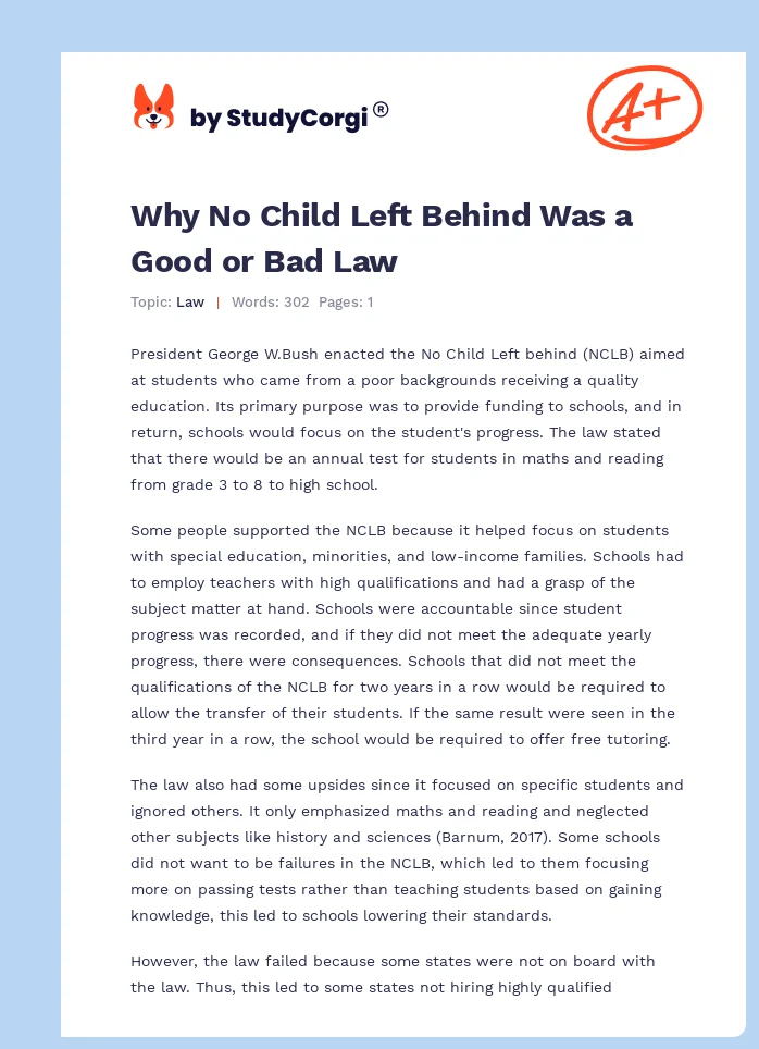 Why No Child Left Behind Was a Good or Bad Law. Page 1