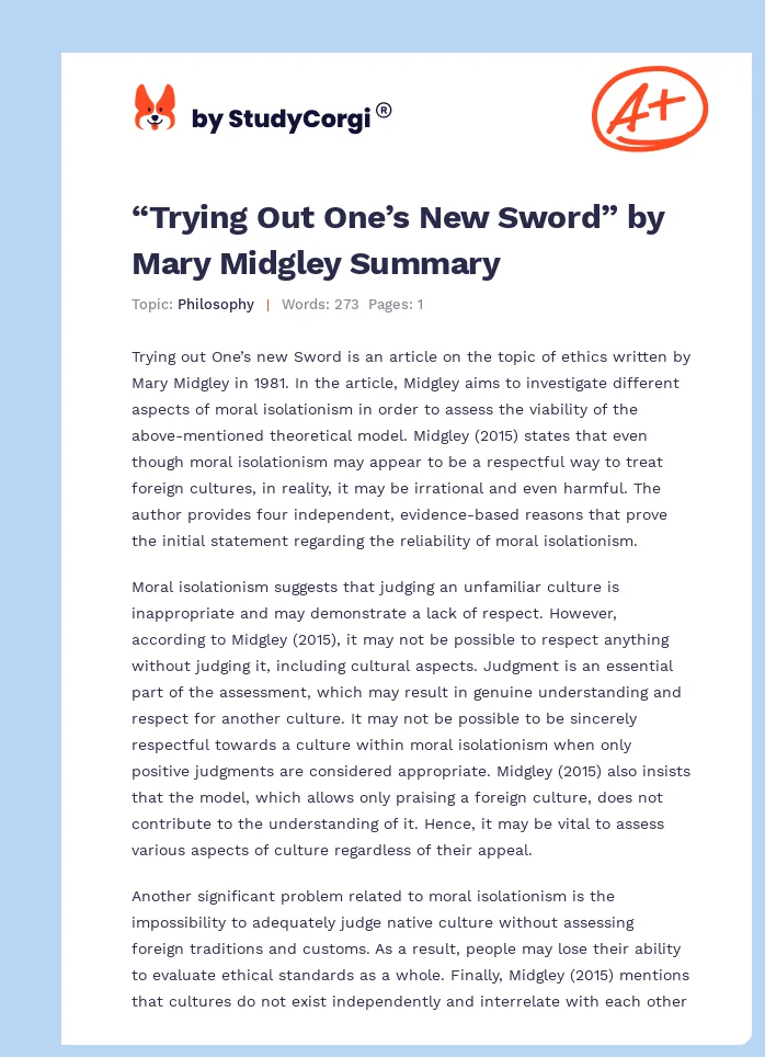 “Trying Out One’s New Sword” by Mary Midgley Summary. Page 1