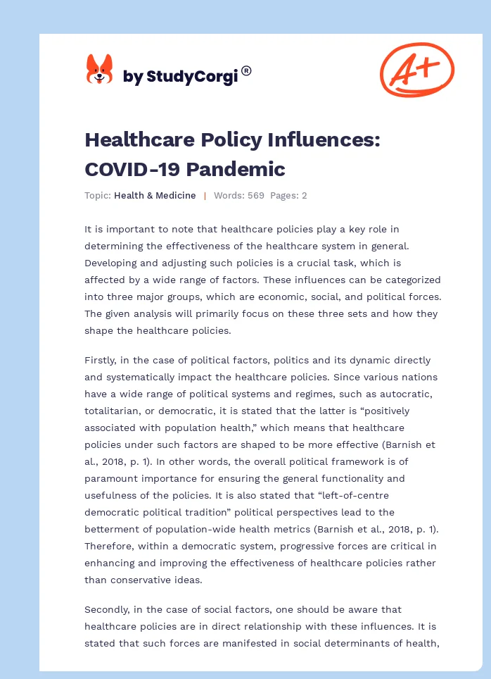 Healthcare Policy Influences: COVID-19 Pandemic. Page 1