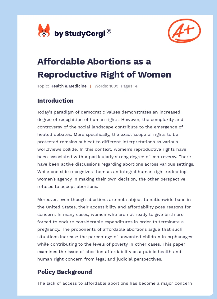 Affordable Abortions as a Reproductive Right of Women. Page 1