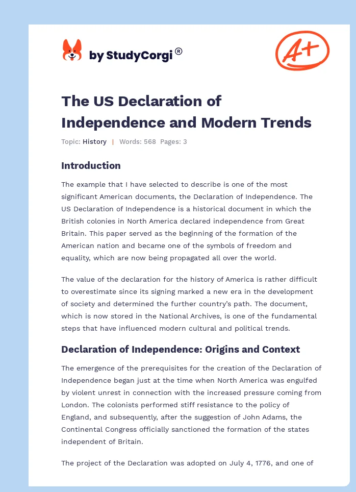 The US Declaration of Independence and Modern Trends. Page 1