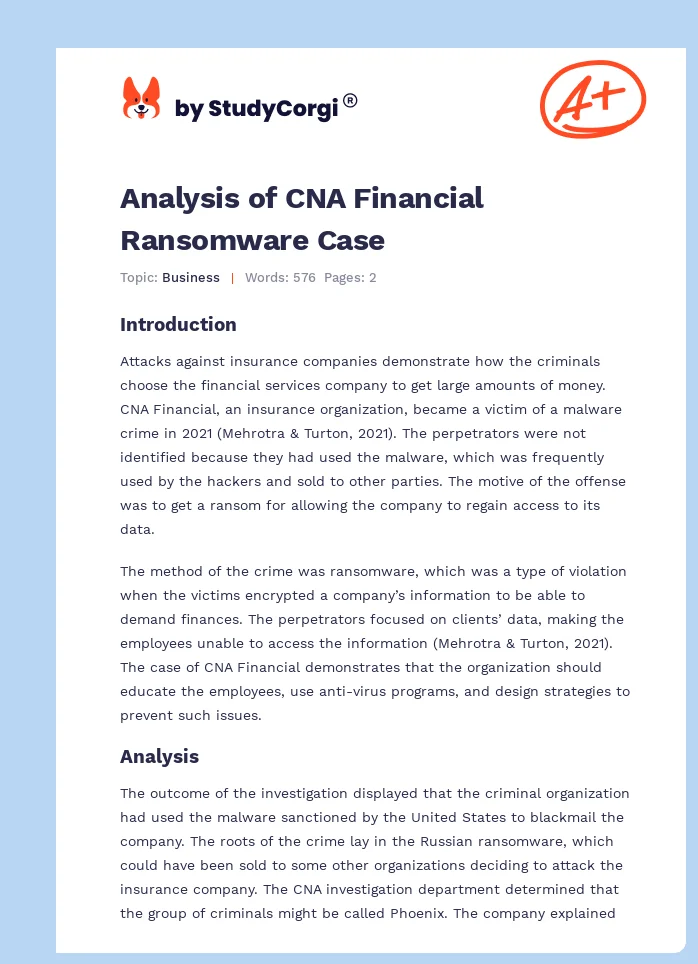 Analysis of CNA Financial Ransomware Case. Page 1