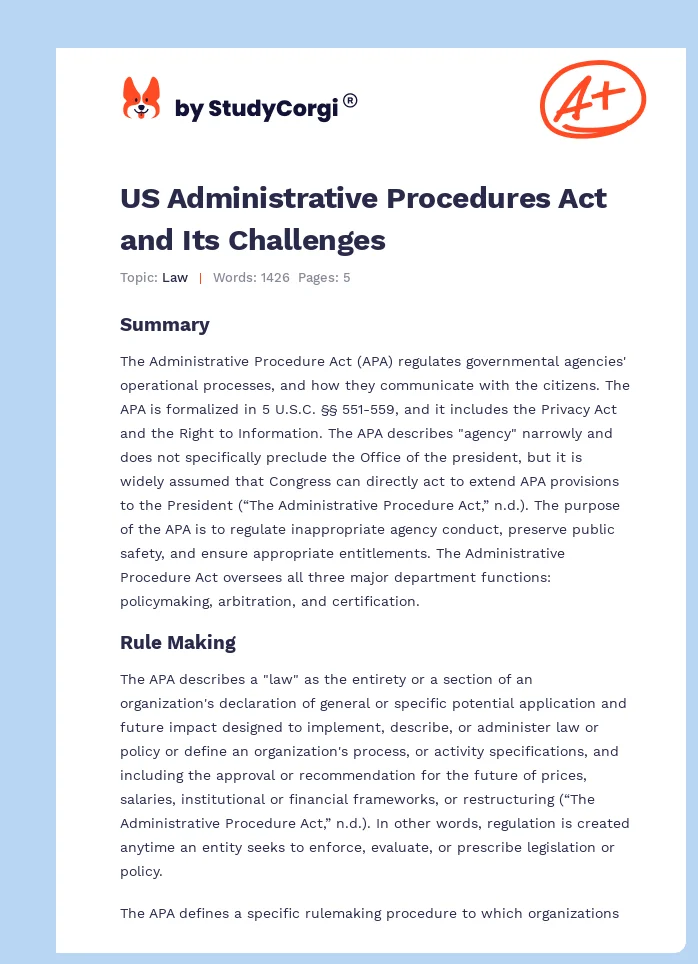 US Administrative Procedures Act and Its Challenges. Page 1