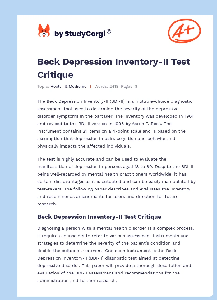 Beck Depression Inventory-II Test Critique. Page 1