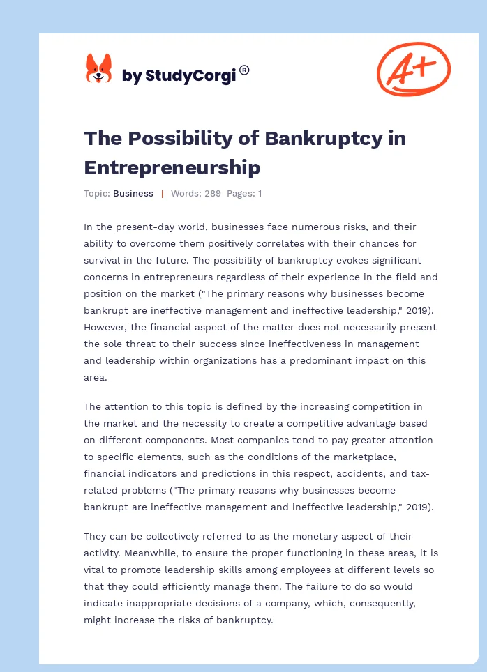 The Possibility of Bankruptcy in Entrepreneurship. Page 1