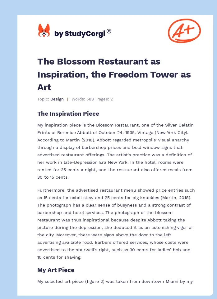 The Blossom Restaurant as Inspiration, the Freedom Tower as Art. Page 1