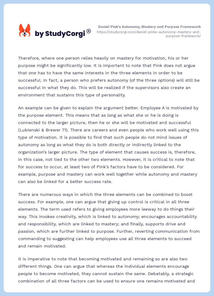 Daniel Pink’s Autonomy, Mastery and Purpose Framework. Page 2