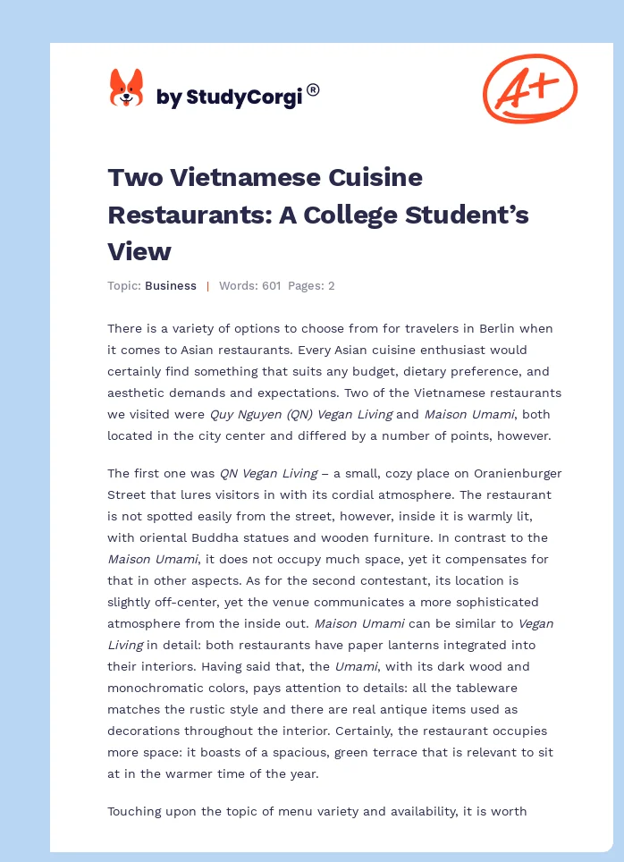 Two Vietnamese Cuisine Restaurants: A College Student’s View. Page 1