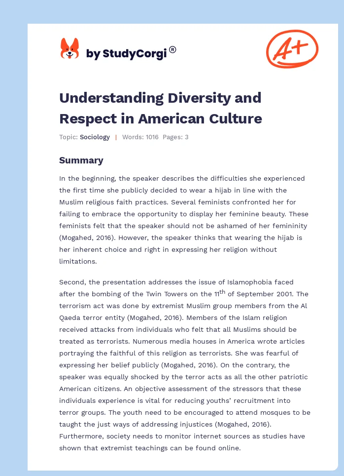 Understanding Diversity and Respect in American Culture. Page 1