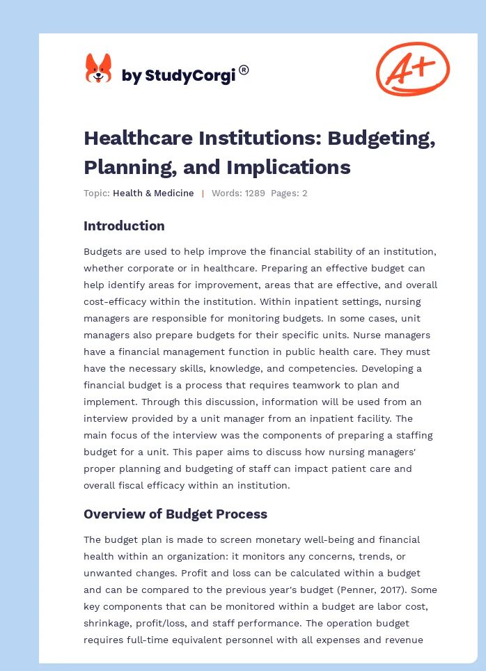 Healthcare Institutions: Budgeting, Planning, and Implications. Page 1