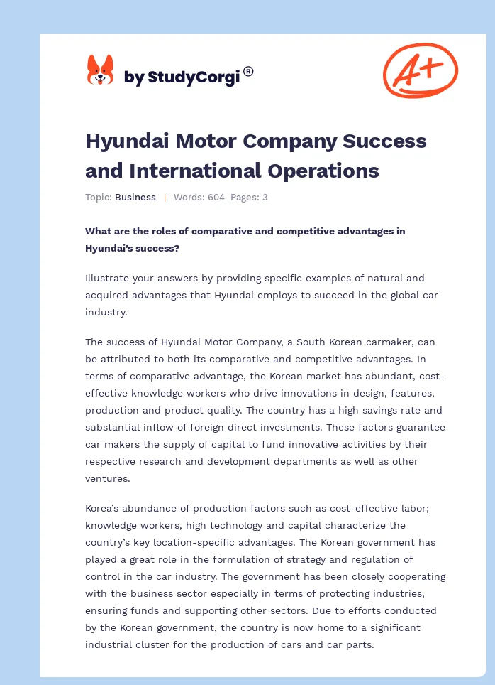 Hyundai Motor Company Success and International Operations. Page 1