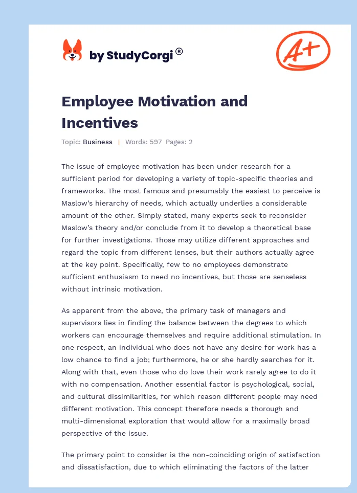 Employee Motivation and Incentives. Page 1
