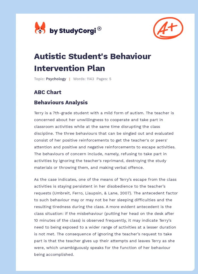 Autistic Student's Behaviour Intervention Plan. Page 1