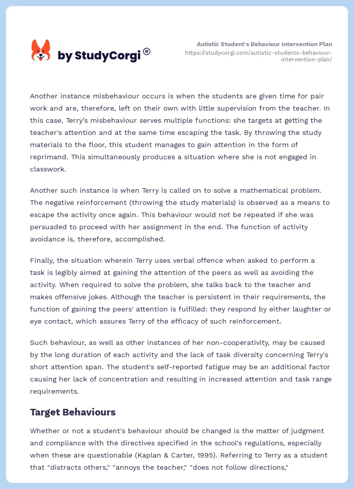 Autistic Student's Behaviour Intervention Plan. Page 2