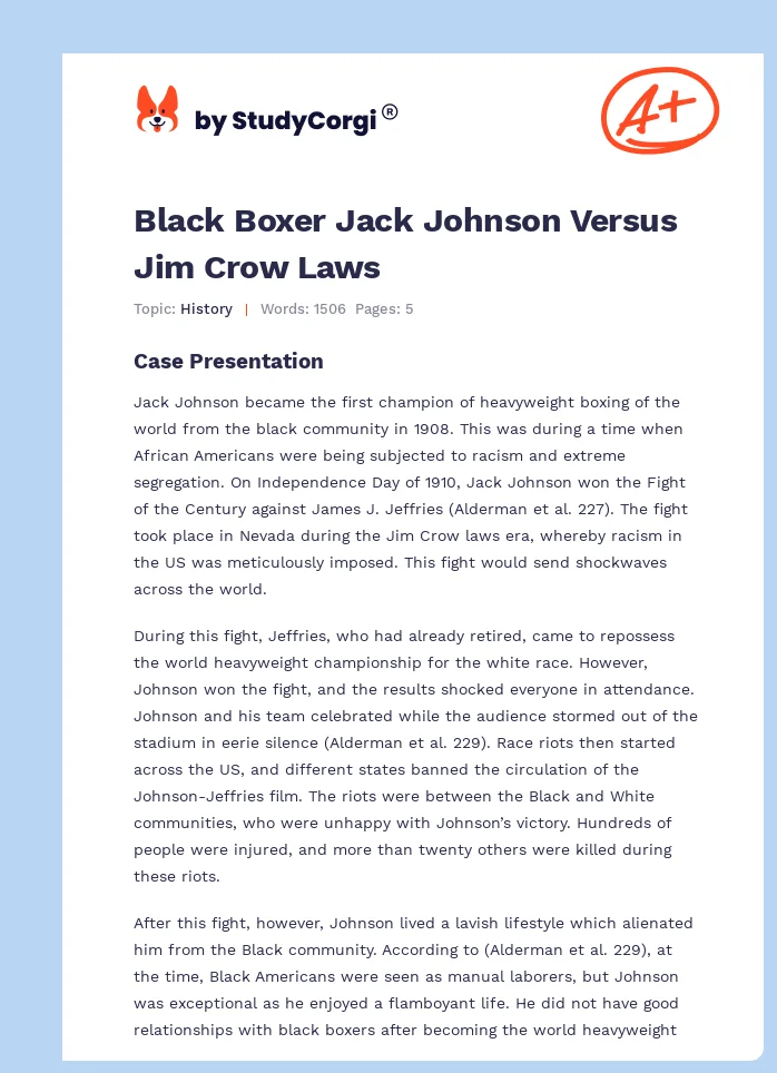 Black Boxer Jack Johnson Versus Jim Crow Laws. Page 1