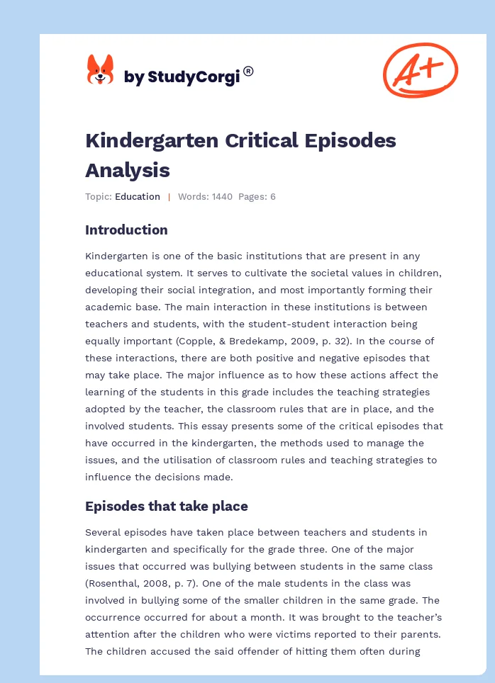 Kindergarten Critical Episodes Analysis. Page 1