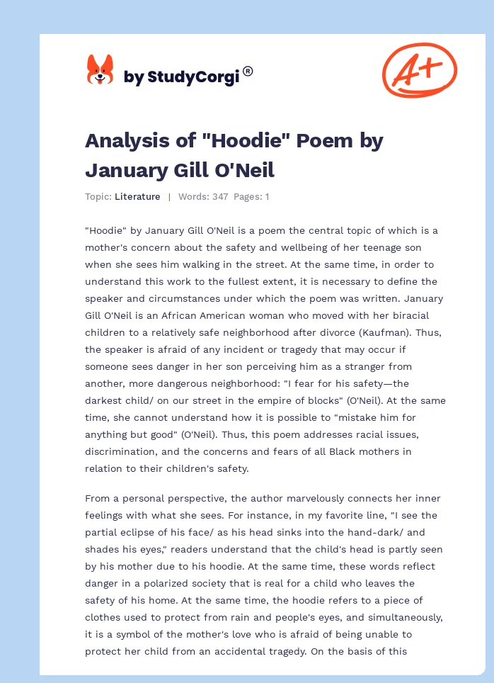 Analysis of "Hoodie" Poem by January Gill O'Neil. Page 1