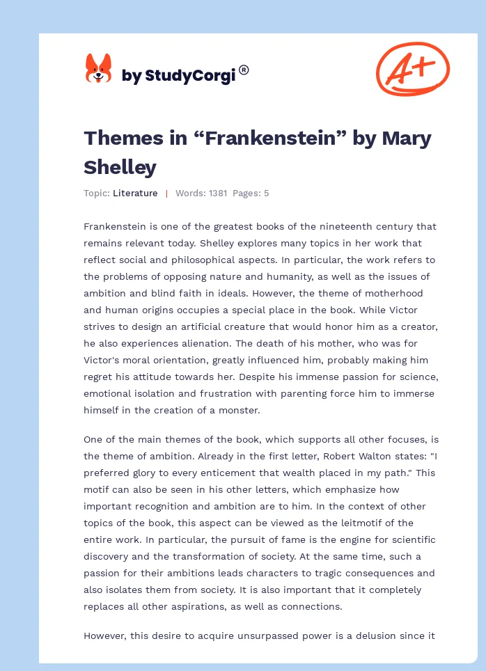 Themes in “Frankenstein” by Mary Shelley. Page 1