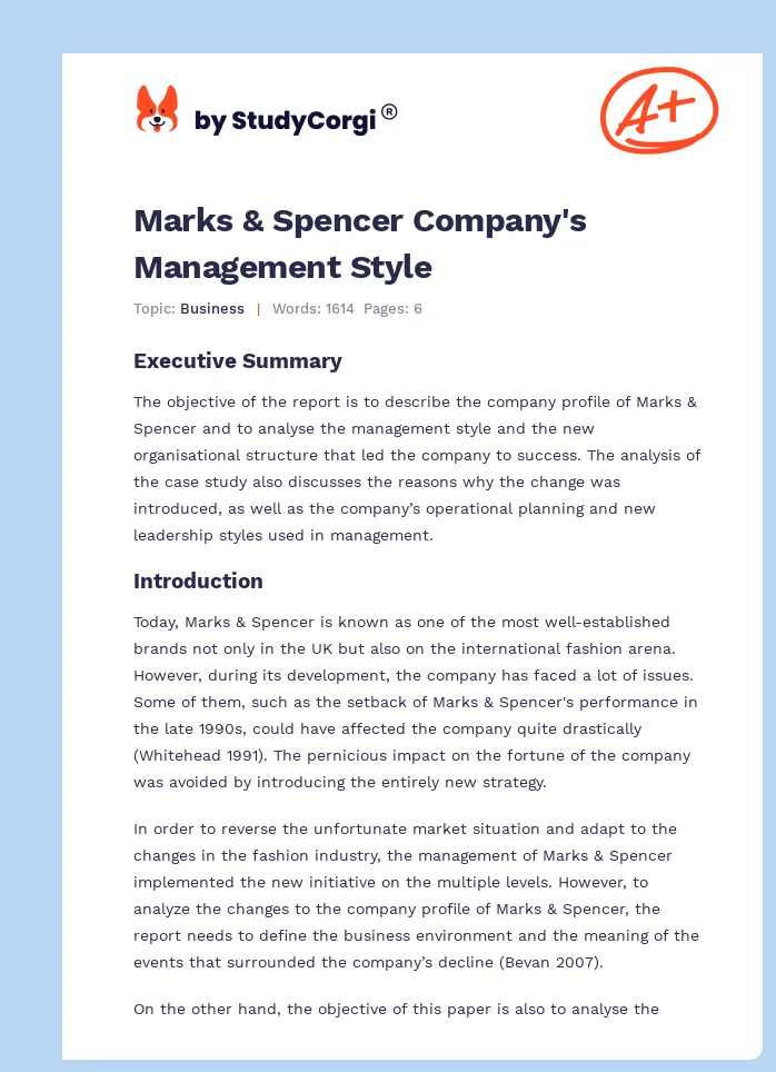 Marks & Spencer Company's Management Style. Page 1