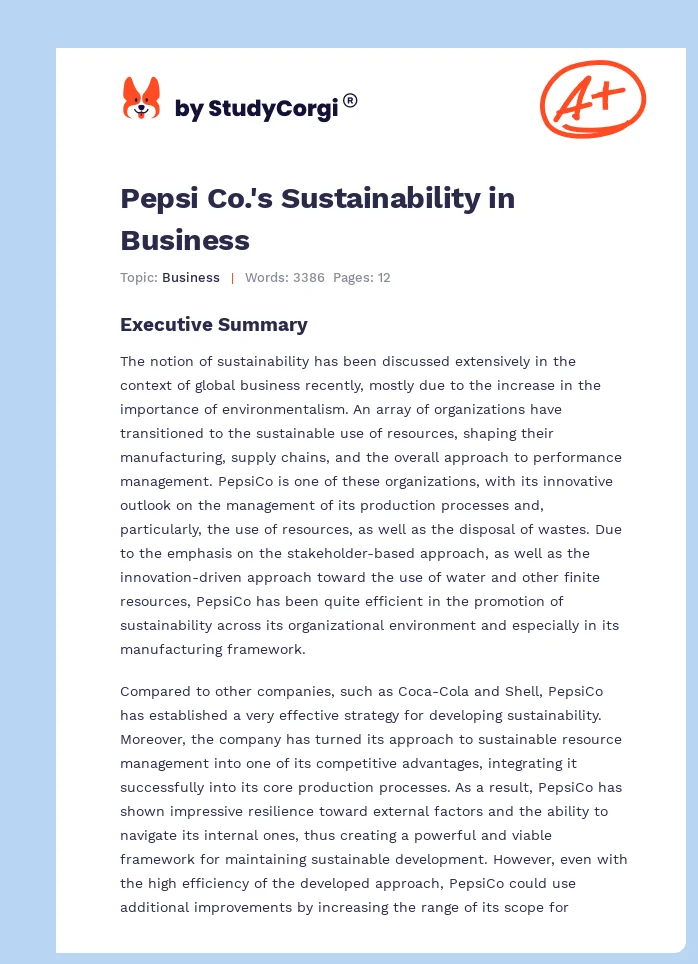 Pepsi Co.'s Sustainability in Business. Page 1