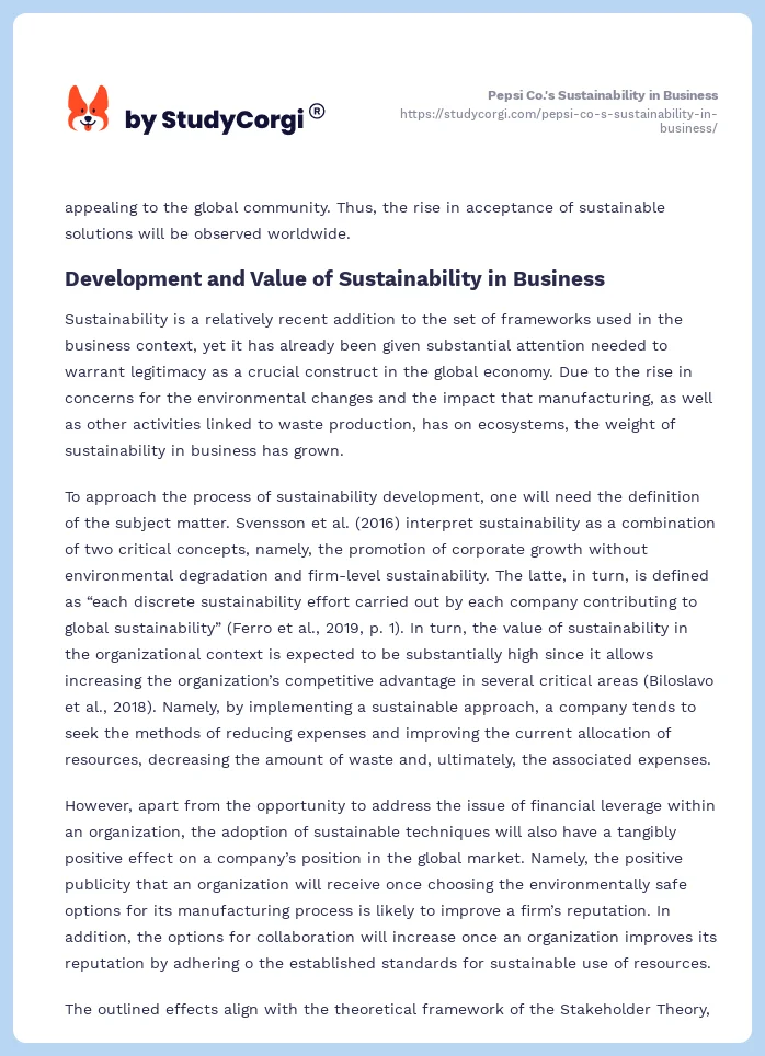 Pepsi Co.'s Sustainability in Business. Page 2