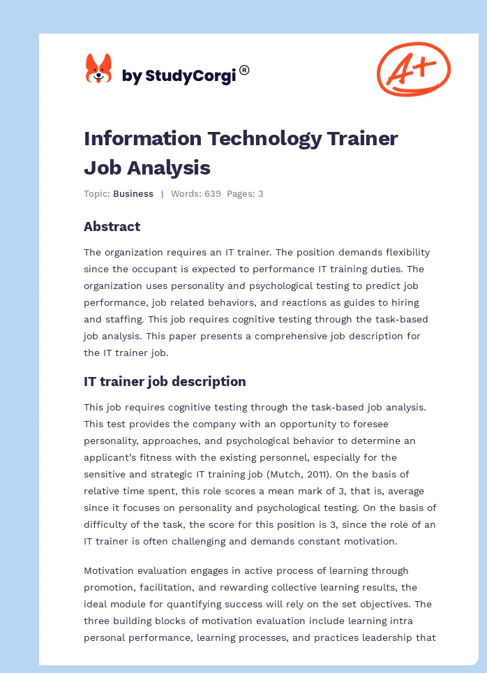 Information Technology Trainer Job Analysis. Page 1