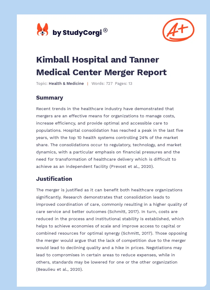 Kimball Hospital and Tanner Medical Center Merger Report. Page 1