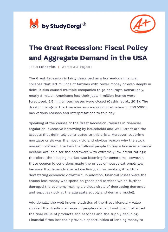 The Great Recession: Fiscal Policy and Aggregate Demand in the USA. Page 1
