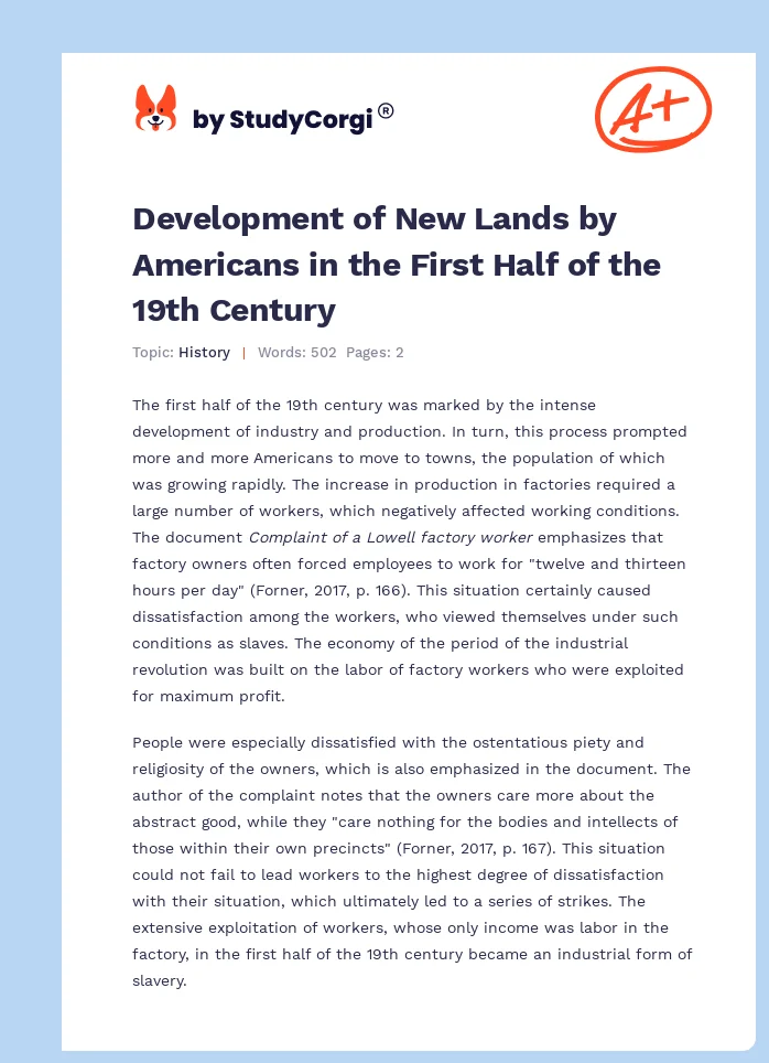 Development of New Lands by Americans in the First Half of the 19th Century. Page 1