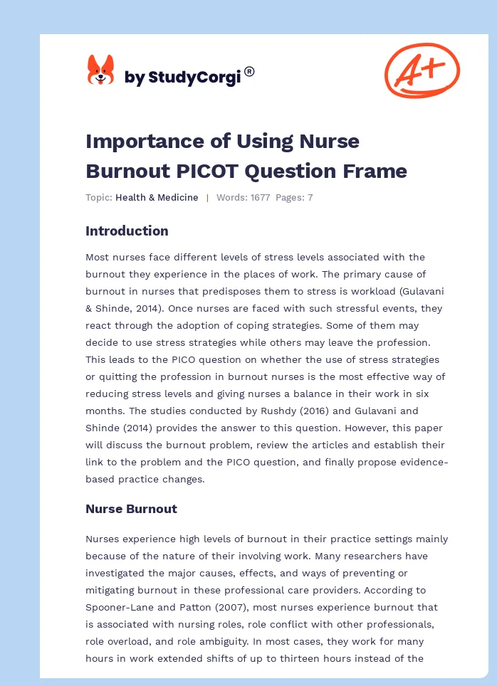 Importance of Using Nurse Burnout PICOT Question Frame. Page 1