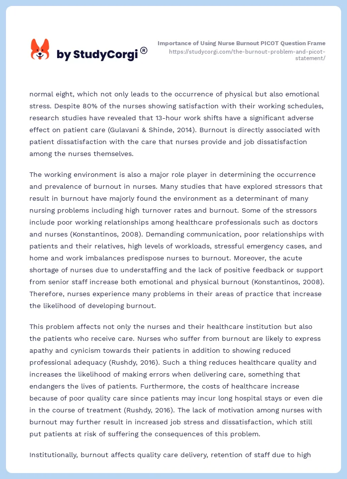 Importance of Using Nurse Burnout PICOT Question Frame. Page 2