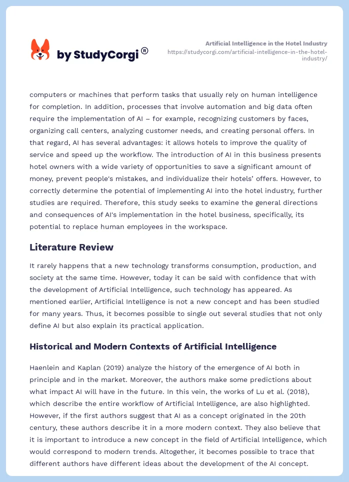 Artificial Intelligence in the Hotel Industry. Page 2