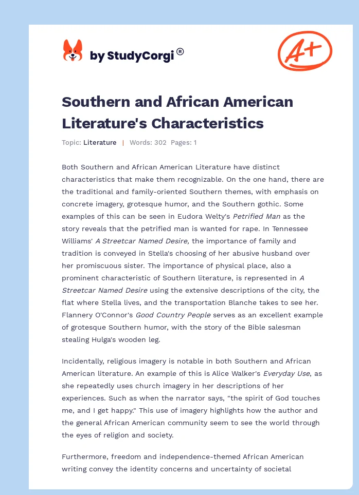 Southern and African American Literature's Characteristics. Page 1