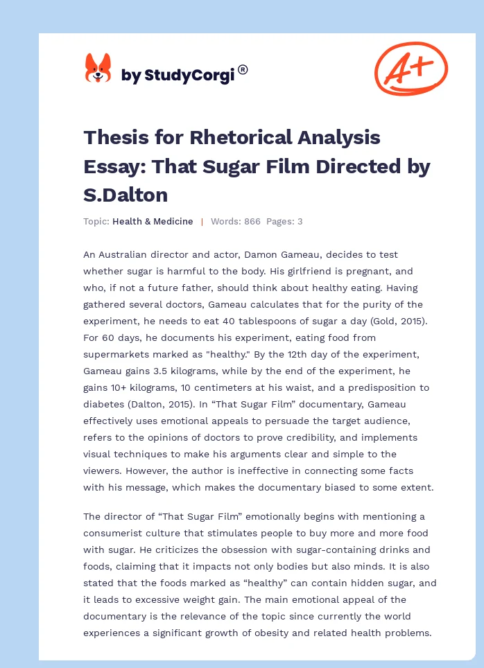Thesis for Rhetorical Analysis Essay: That Sugar Film Directed by S.Dalton. Page 1