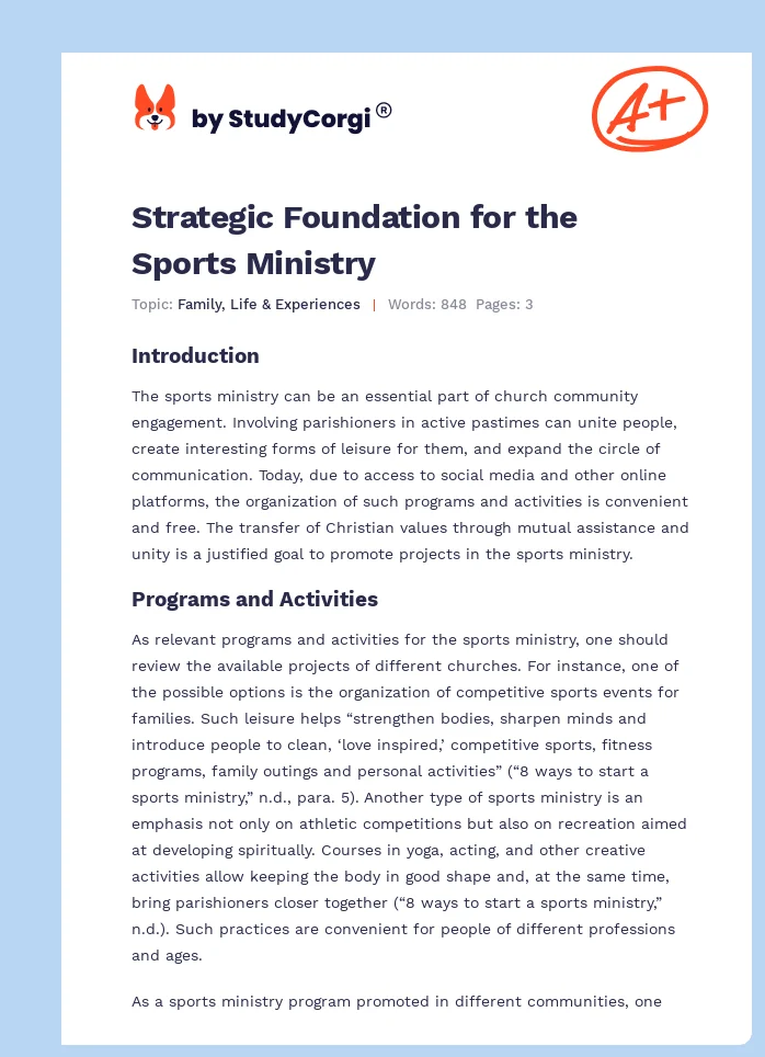 Strategic Foundation for the Sports Ministry. Page 1