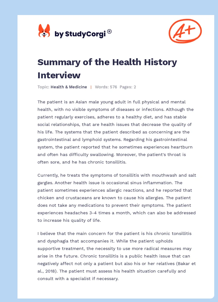 Summary of the Health History Interview. Page 1