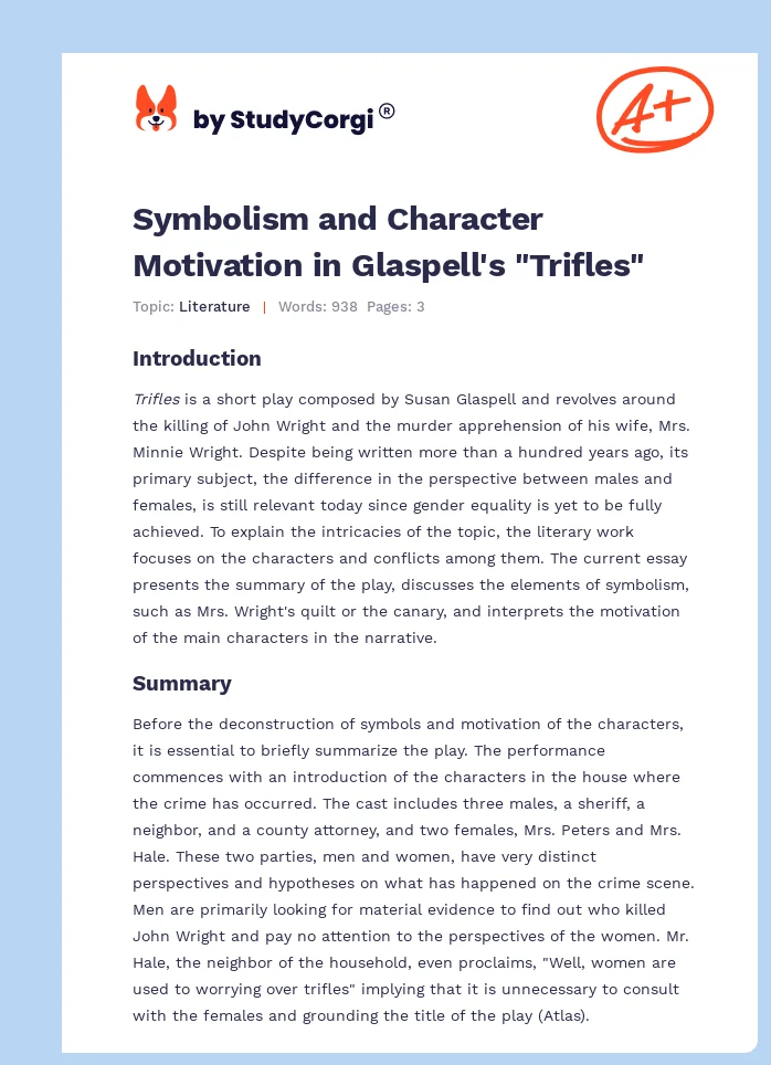 Symbolism and Character Motivation in Glaspell's "Trifles". Page 1