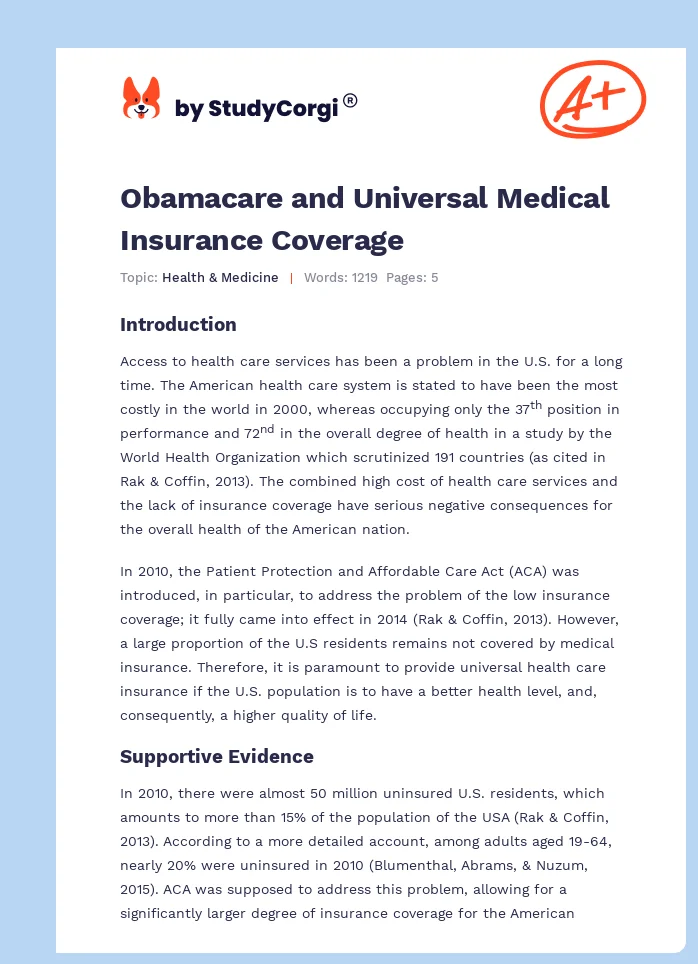 Obamacare and Universal Medical Insurance Coverage. Page 1
