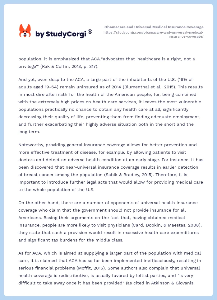 Obamacare and Universal Medical Insurance Coverage. Page 2