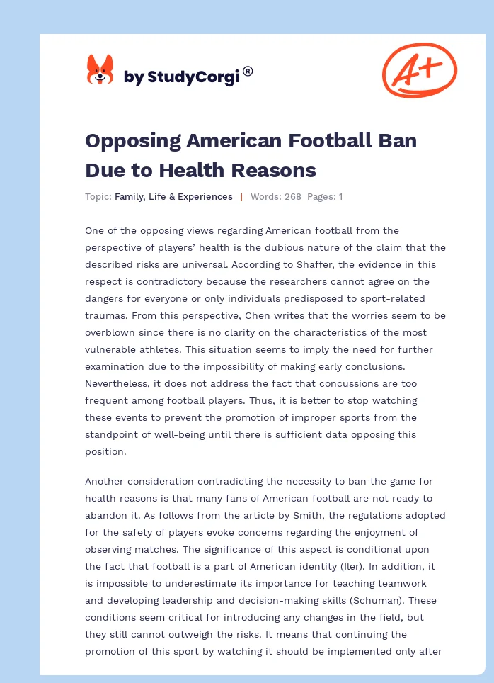 Opposing American Football Ban Due to Health Reasons. Page 1